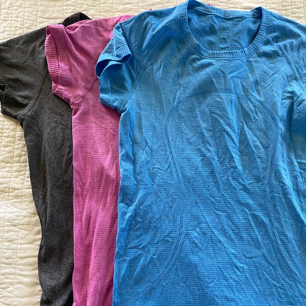 Lot of 3 Lululemon Swiftly Tech Short-Sleeve Shirts Size 6 Pink Gray Blue Run